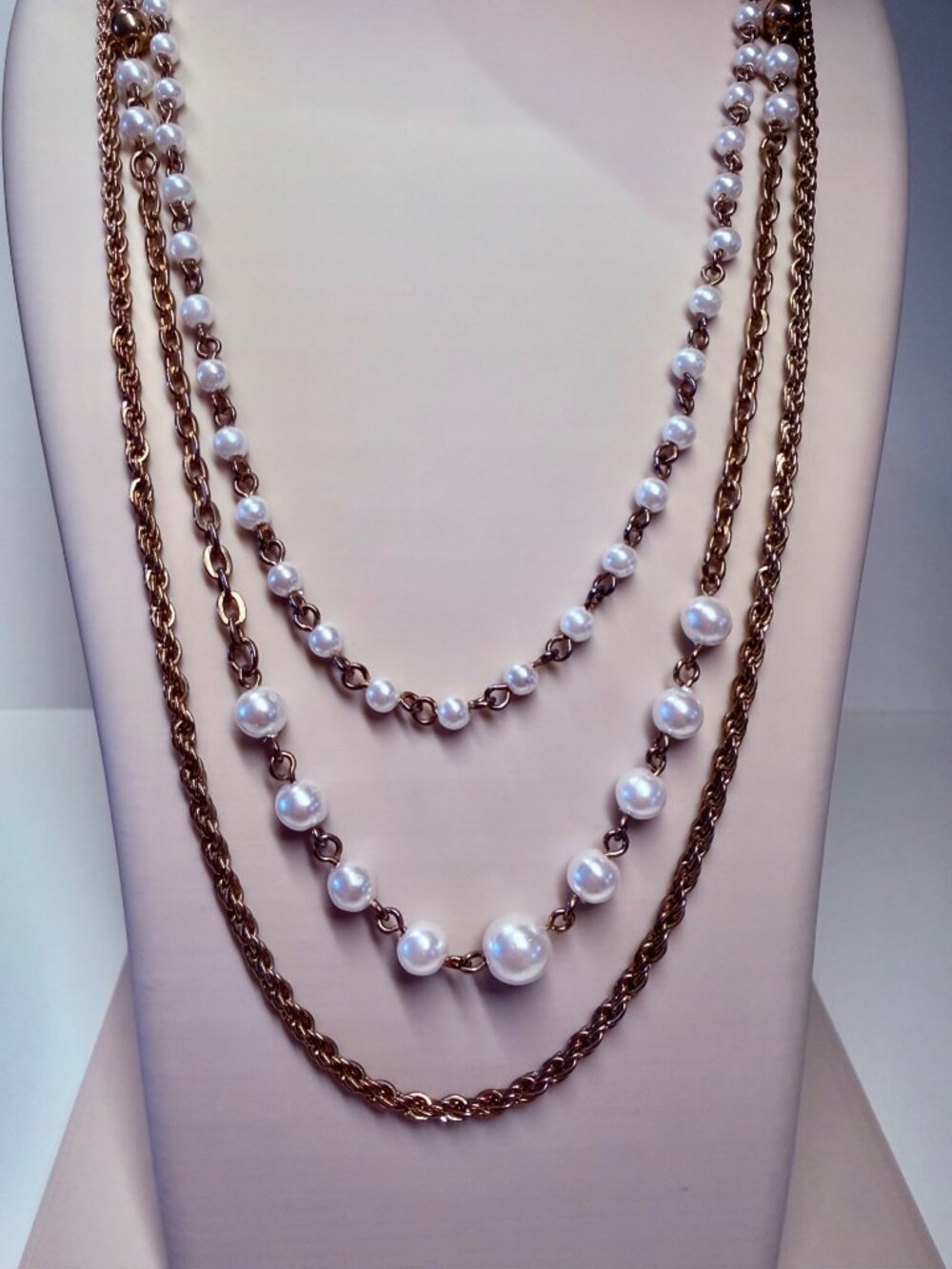 Vintage Korea 3-Strand Faux Pearl Gold Tone Chain Necklace 24" Layered